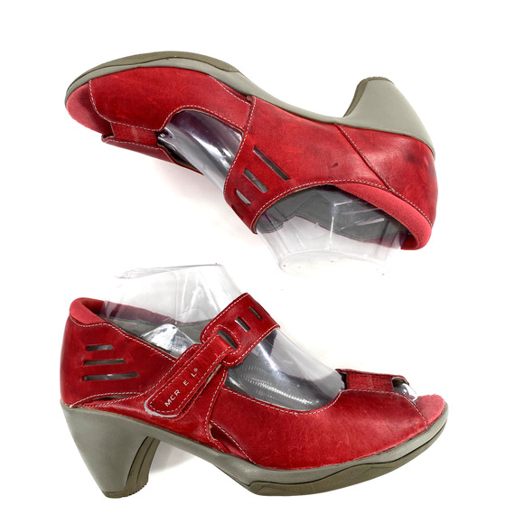 Merrell Cycling Evera MJ Sunset Peep Toe Pumps Heels Womens Sz 8‎ Red Leather - Picture 1 of 8